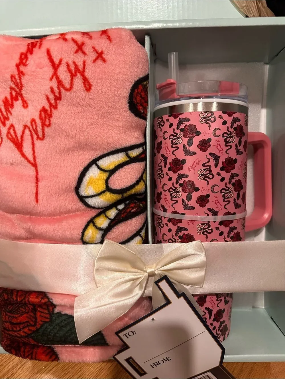 Pink Floral Snake Insulated Travel Tumbler & Plush Throw Gift Set-Roses
